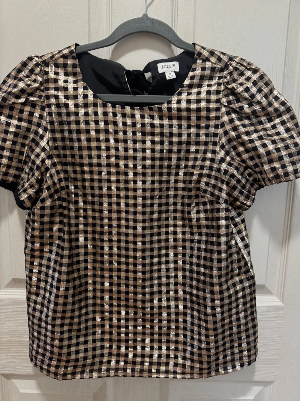 J. Crew Black and Gold Gingham Puff Sleeve Top